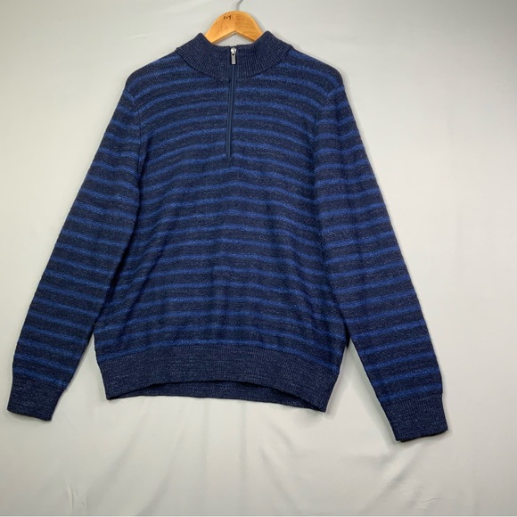 L.L. Bean Quarter Zip Cowl Neck Men's Blue Striped Sweater. Size Medium-Regular. - Picture 1 of 6